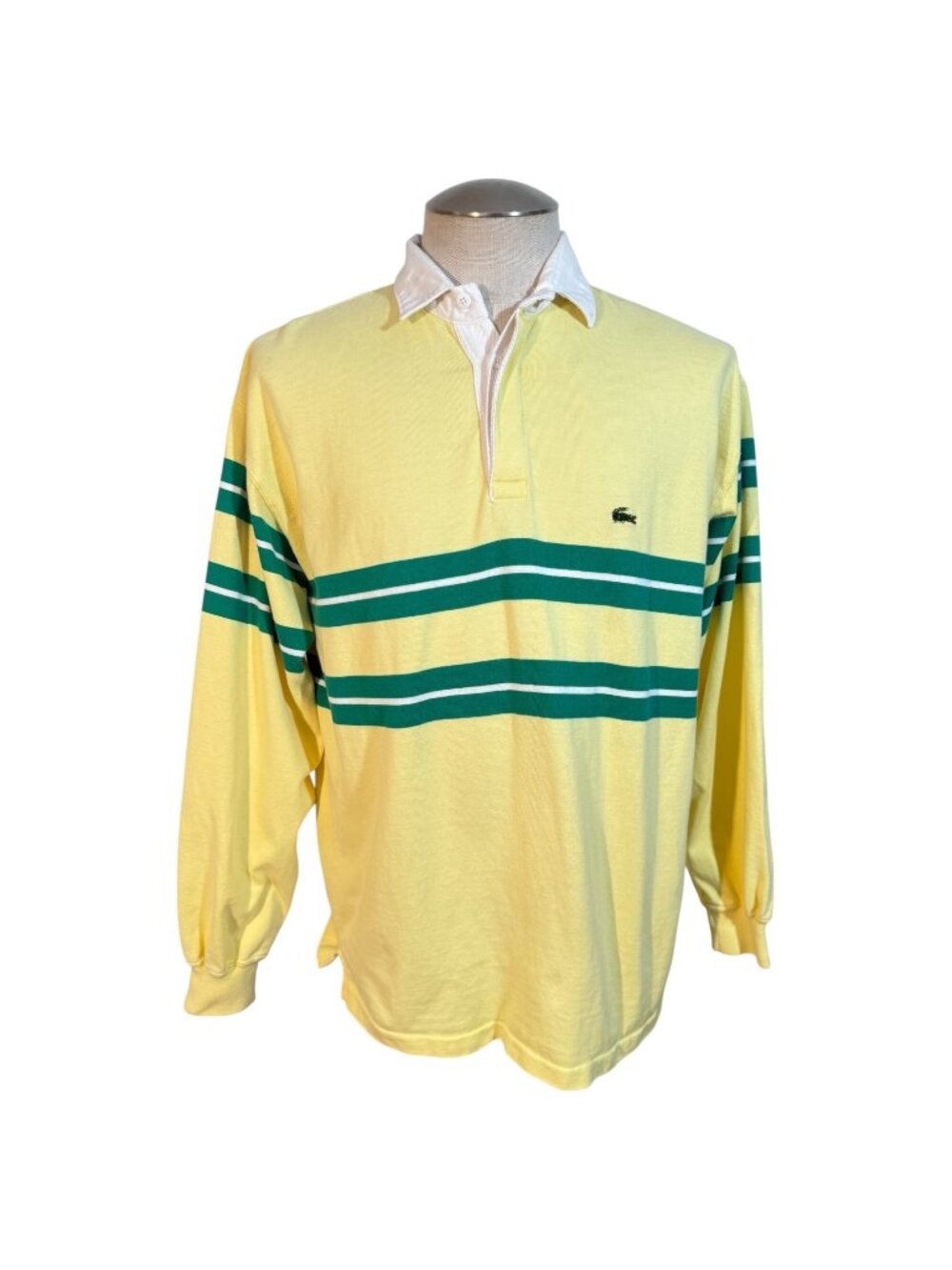 VTG‎ IZOD Lacoste Rugby Polo Shirt Mens Large Yellow Green Stripes Long Sleeve
